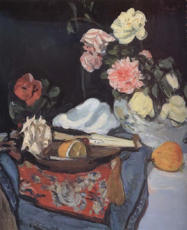 George Leslie Hunter Fruit and Flowers on a Draped Table